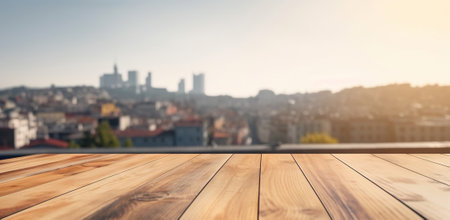 Wood table mockup with Istanbul city street in shallow depth of field. Copy space for product. Generative AI.の素材