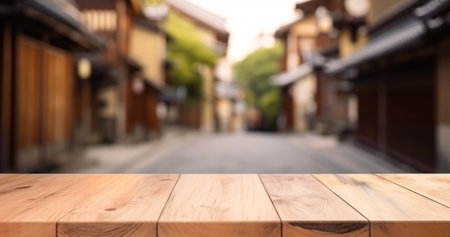 Wood table mockup with Kyoto city street in shallow depth of field. Copy space for product. Generative AI.の素材