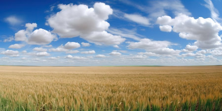 Field of golden ripe wheat under the blue sky and clouds. Generative AI.の素材