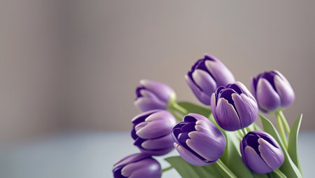 Bouquet of violet tulips on pastel background. Generative AI.の素材
