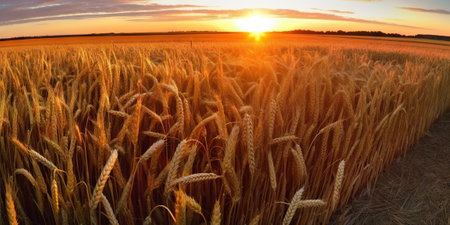 Panoramic view on field of golden ripe wheat on sunset. Generative AI.の素材