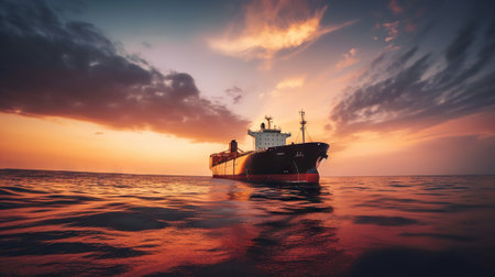 Low angle view on huge fuel tanker ship in the sea on sunset. Generative AI.の素材