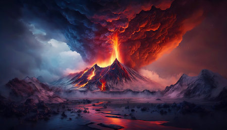 Volcano eruption. Lava flow down the slopes. Smoke rises in night sky. Generative AI.の素材