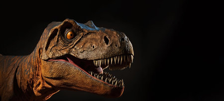 Closeup on head with sharp teeth of carnivorous dinosaur Tyrannosaurus . Prehistoric predator. Generative AI.の素材