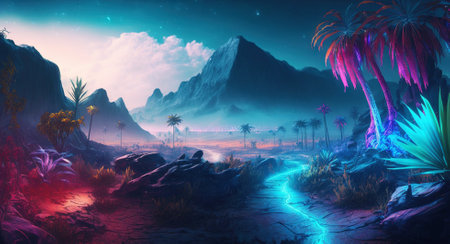 Palm trees in the desert with mountains on background. Neon colored synthwave landscape. Generative AI.の素材