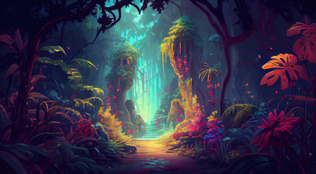 Virtual vibrant jungle forest. Neon-colored fairy river. Generative AI.の素材