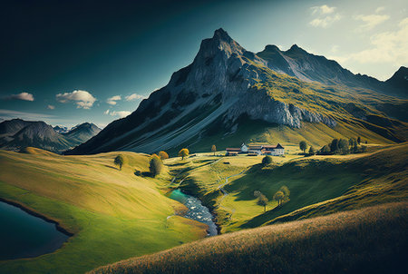 High mountain peak landscape with a green valley on foreground. Generative AI.の素材