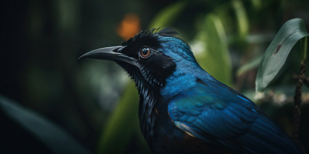 Blue Bird-of-Paradise close up with plants background. Generative AI.の素材