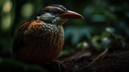 Gurney Pitta bird on floral blurry background. Generative AI.の素材