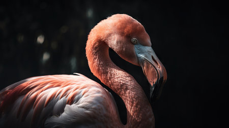 Pink flamingo close up standing with forest background. Generative AI.の素材