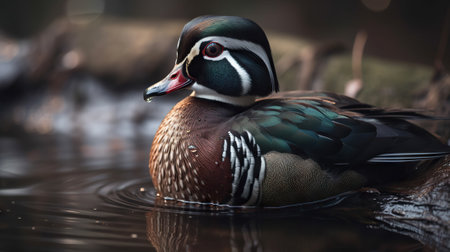 A wood duck bird portrait. Blurry background. Generative AI.の素材