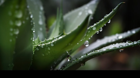 Closeup of aloe tropical plant leaves with rain drops. Green natural backdrop. Generative AI.の素材