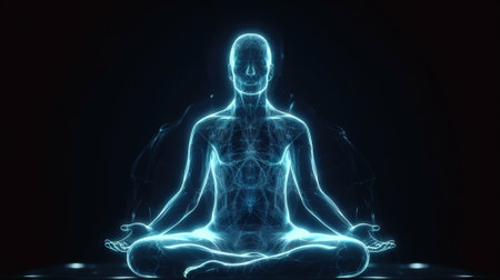 Human meditate in lotus pose with blue energy flow through his body. Transcendental yoga or prayer. Generative AI.の素材