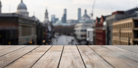 Wood table mockup with London city street in shallow depth of field. Copy space for product. Generative AI.の素材