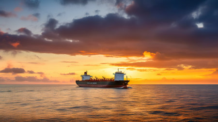 Low angle view on huge fuel tanker ship in the sea on sunset. Generative AI.の素材