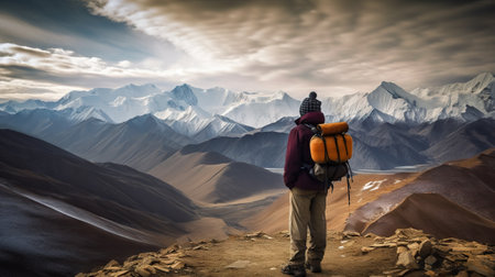 Explorer stand in front of high mountain peak landscape. Generative AI.の素材