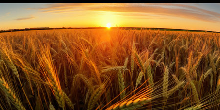 Panoramic view on field of golden ripe wheat on sunset. Generative AI.の素材
