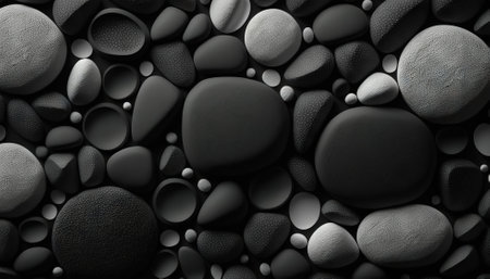 Black pebble stones texture. Dark natural rock backdrop. Generative AI.の素材
