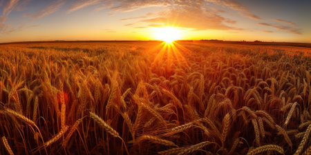 Panoramic view on field of golden ripe wheat on sunset. Generative AI.の素材