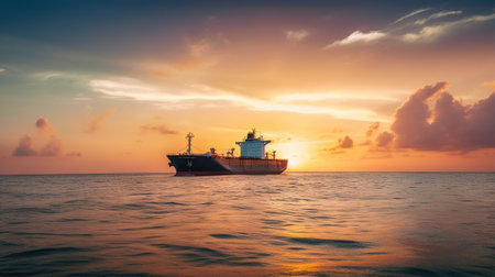 Low angle view on huge fuel tanker ship in the sea on sunset. Generative AI.の素材