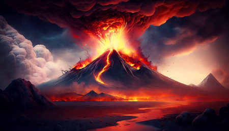 Volcano eruption. Lava flow down the slopes. Smoke rises in night sky. Generative AI.の素材
