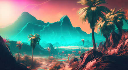 Palm trees in the desert with mountains on background. Neon colored synthwave landscape. Generative AI.の素材