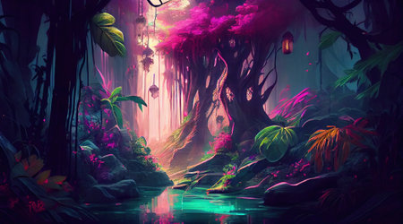 Virtual vibrant jungle forest. Neon-colored fairy river. Generative AI.の素材