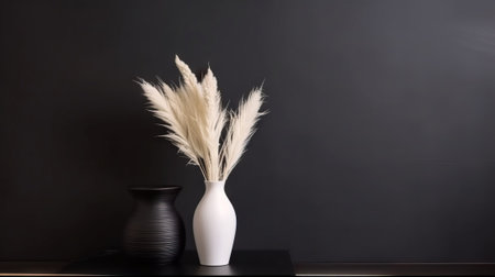 Vase with decorative plant branch against black wall background. Minimalist interior mockup. Generative AI.の素材