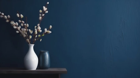 Vase with decorative plant branch against dark blue wall background. Minimalist interior mockup. Generative AI.の素材