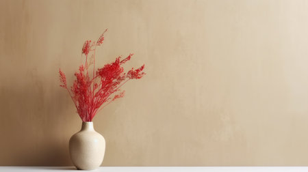 Vase with decorative dry plant branch against beige wall background. Minimalist interior mockup. Generative AI.の素材