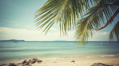 Tropical summer seascape with palm leaves, beach and paradise ocean. Vacation and travel backdrop. Generative AI.の素材