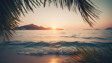 Tropical summer seascape with palm leaves, beach and paradise ocean on sunset. Generative AI.の素材