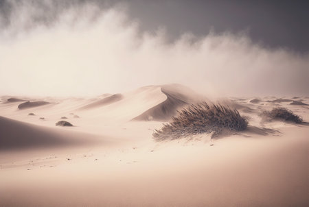 Desert sand landscape. Atmospheric scenic imaginary view. Clouds and sandstorm. Generative AI.の素材