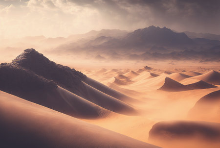 Desert sand landscape. Atmospheric scenic imaginary view. Clouds and sandstorm. Generative AI.の素材