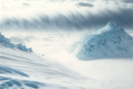 Snow dunes panorama during blizzard. White and empty frozen scenic imaginary landscape. Generative AI.の素材