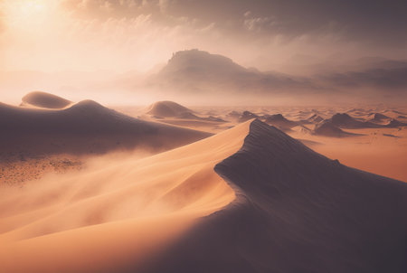 Desert sand landscape. Atmospheric scenic imaginary view. Clouds and sandstorm. Generative AI.の素材