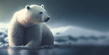 Polar bear with paws in ocean water. Looking right. Northern wildlife. Generative AI.の素材