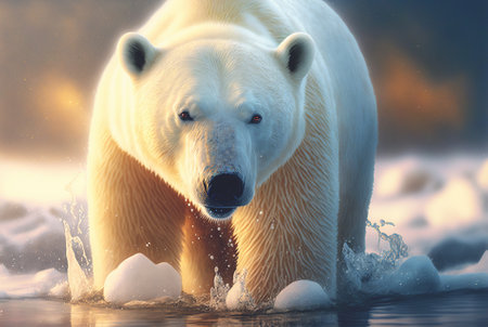 Polar bear, legs in ocean water. Looking straight. Northern wildlife. Generative AI.の素材