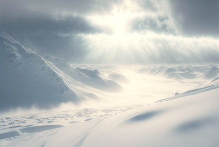 Snow dunes panorama during blizzard. White and empty frozen scenic imaginary landscape. Generative AI.の素材