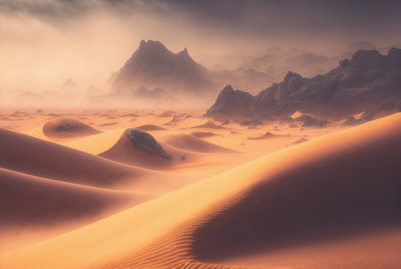 Desert sand landscape. Atmospheric scenic imaginary view. Clouds and sandstorm. Generative AI.の素材