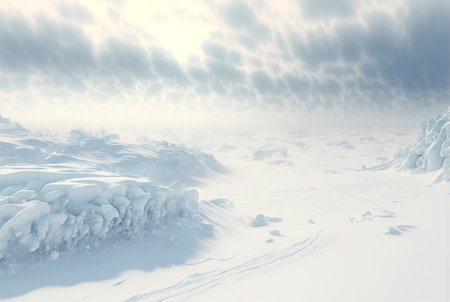 Snow dunes panorama during blizzard. White and empty frozen scenic imaginary landscape. Generative AI.の素材