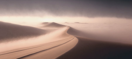 Desert sand landscape. Atmospheric scenic imaginary view. Clouds and sandstorm. Generative AI.の素材