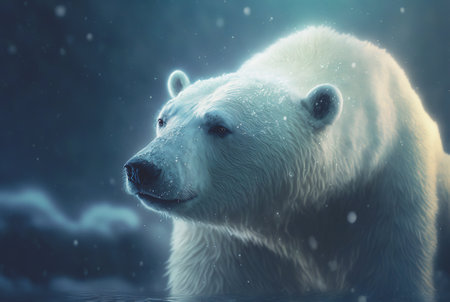 Polar bear with paws in ocean water. Looking left. Northern wildlife. Generative AI.の素材