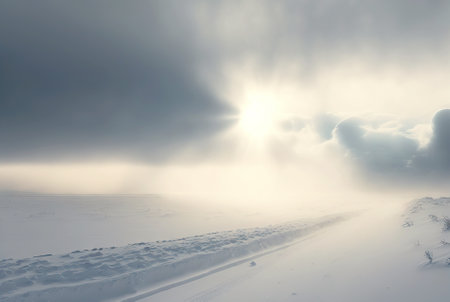 Snow dunes panorama during blizzard. White and empty frozen scenic imaginary landscape. Generative AI.の素材