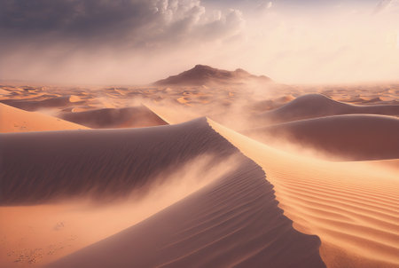 Desert sand landscape. Atmospheric scenic imaginary view. Clouds and sandstorm. Generative AI.の素材