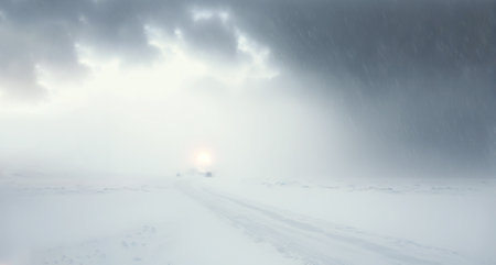 Snow dunes panorama during blizzard. White and empty frozen scenic imaginary landscape. Generative AI.の素材