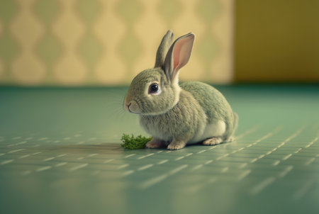 Cute little rabbit sitting on uniform floor background. Generative AI.の素材