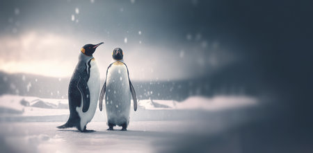 Two adult penguins. Standing on snow. Generative AI.の素材