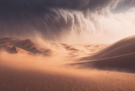 Desert sand landscape. Atmospheric scenic imaginary view. Clouds and sandstorm. Generative AI.の素材