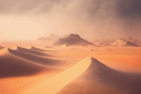 Desert sand landscape. Atmospheric scenic imaginary view. Clouds and sandstorm. Generative AI.の素材